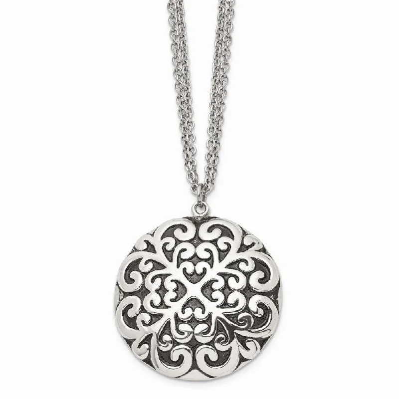 Ladies necklaces buying tips-Stainless Steel Polished and Antiqued Circle Necklace