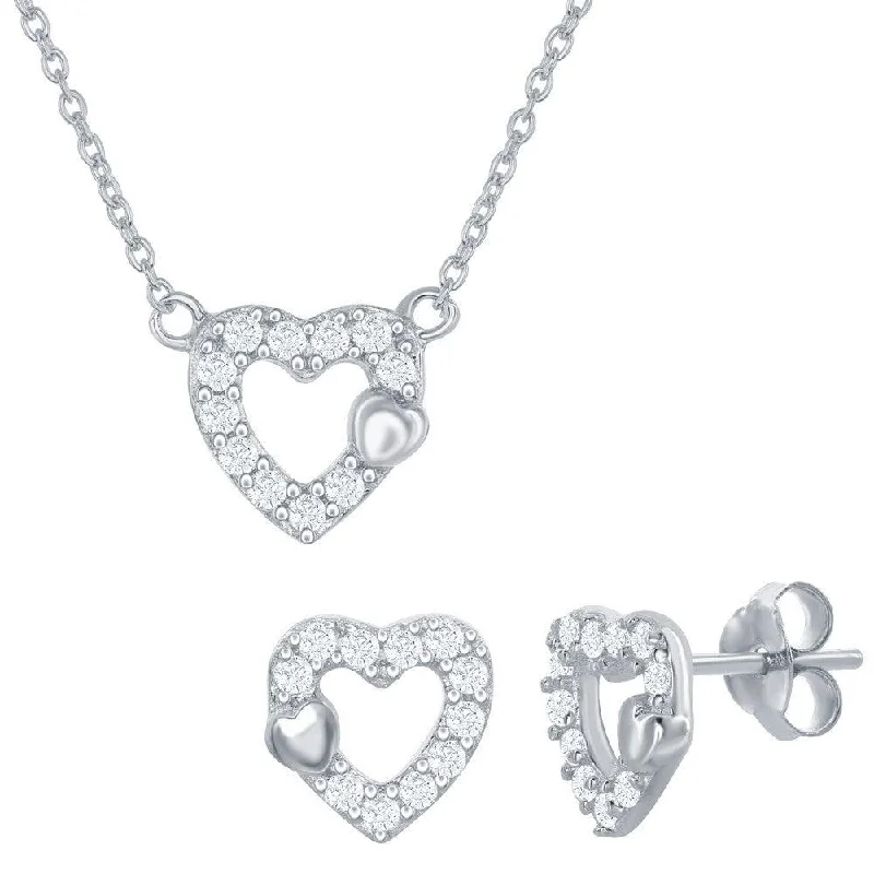 Ladies necklaces custom options-Sterling Silver Small Open CZ Heart Necklace and Earrings Set