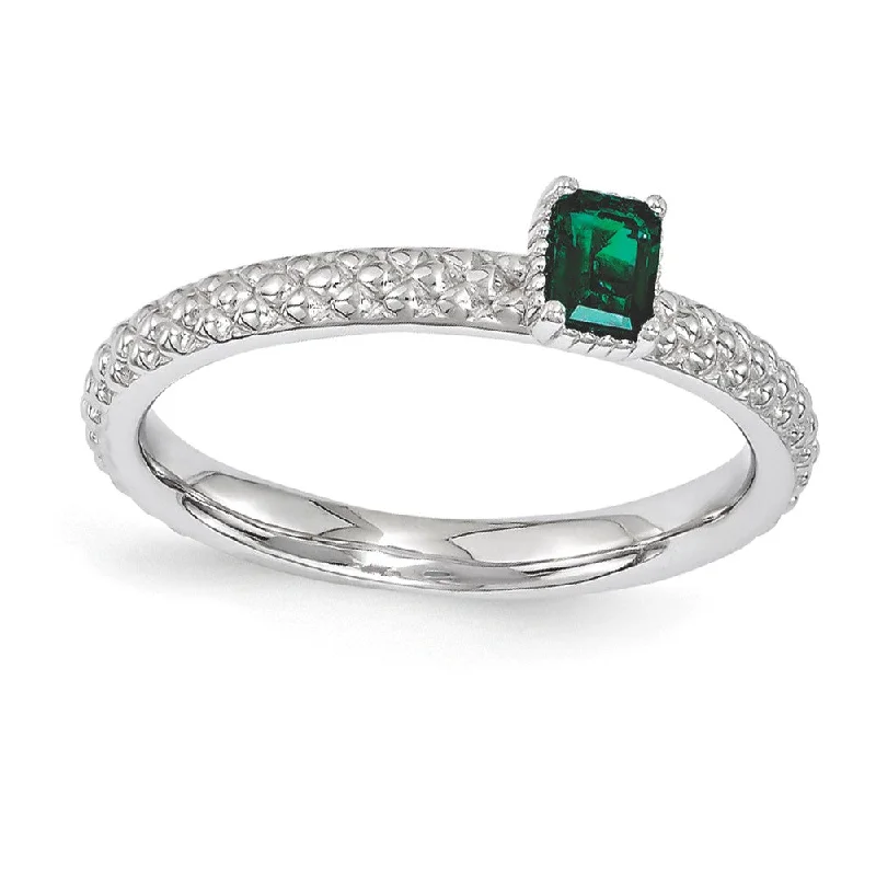 Ladies ring affordable picks-Sterling Silver Stackable Created Emerald Octagon Solitaire Ring