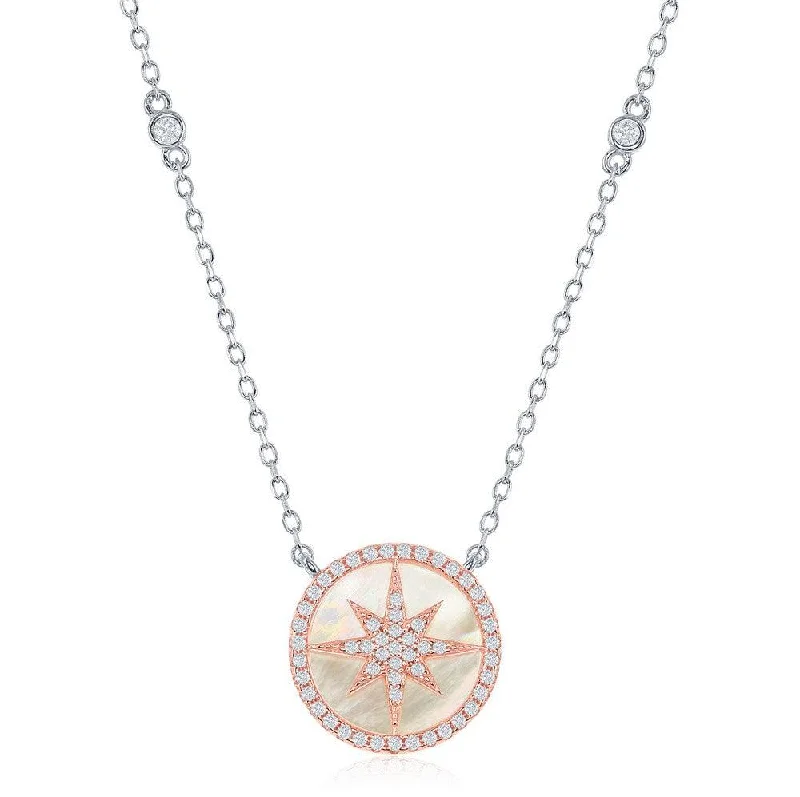 Ladies necklaces minimalist trends-Sterling Silver TT Round MOP with Center Micro Pave Star Necklace