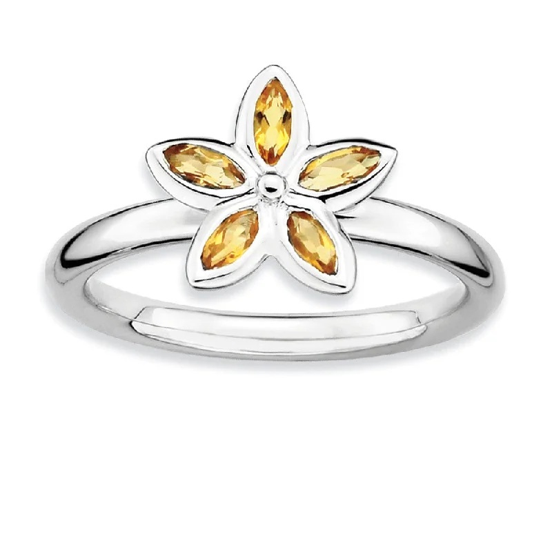 Ladies ring Mother’s Day-Silver Stackable 1/3 Cttw Citrine Flower Ring