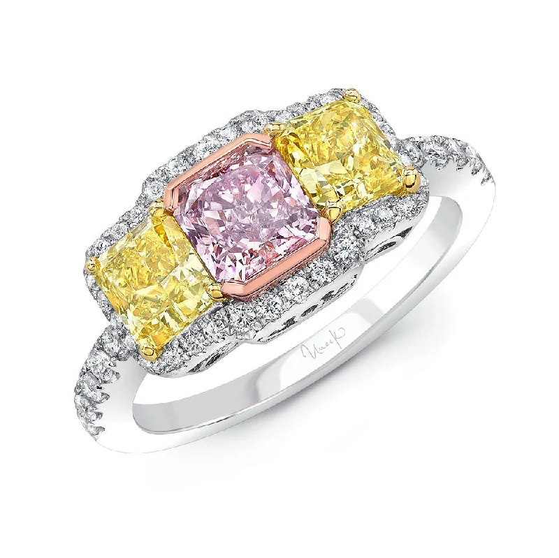 Ladies engagement rings three-stone-Uneek Three Stone Radiand Cut Pink Diamond Engagement Ring with Radiant Cut Fancy Yellow Diamonds and Round White Diamonds Side Stones