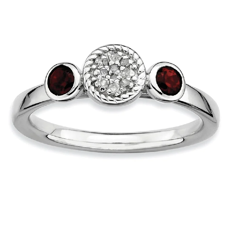 Ladies ring classic looks-Sterling Silver Stackable Garnet and Diamond Ring