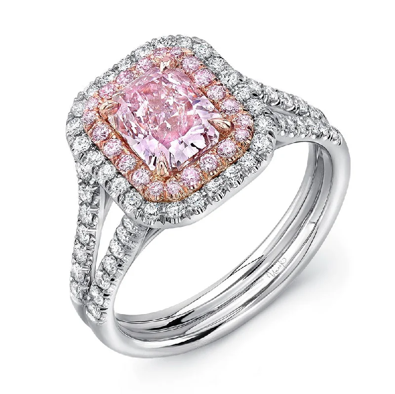 Ladies engagement rings affordable options-Uneek Natureal Collection Double-Halo Emerald Cut Light Pink Diamond Engagement Ring