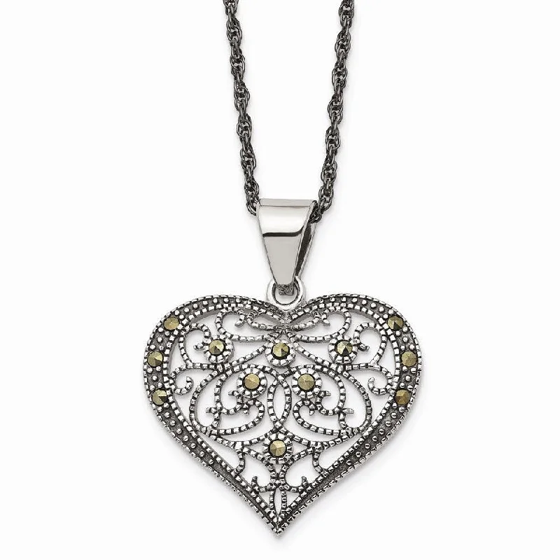 Ladies necklaces global brands-Stainless Steel Marcasite Textured Heart Necklace