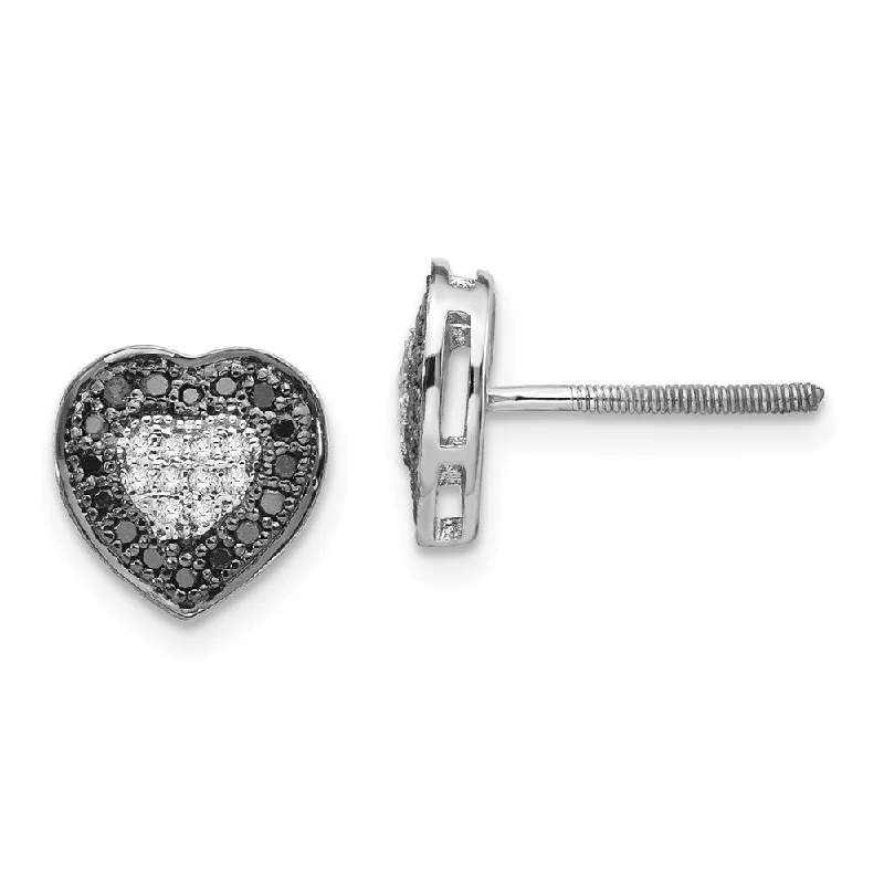 Ladies earrings social media trends-Black & White Diamond 8mm Heart Screw Back Earrings in Sterling Silver