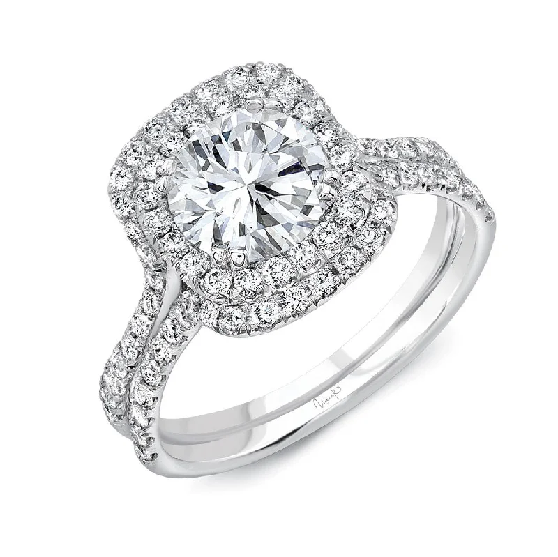 Ladies engagement rings vintage-inspired-Uneek Round Diamond Engagement Ring with Double Cushion Halo and Pave Double Shank