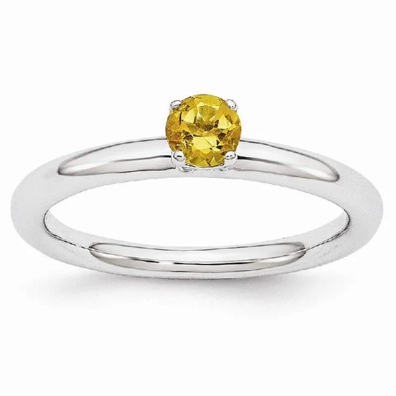 Ladies ring party wear-Rhodium Plated Sterling Silver Stackable 4mm Round Citrine Ring