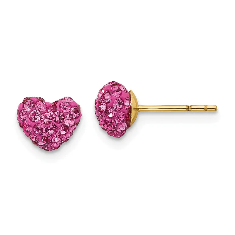 Ladies earrings luxury brands-6mm Pink Crystal Heart Earrings with a 14k Yellow Gold Post