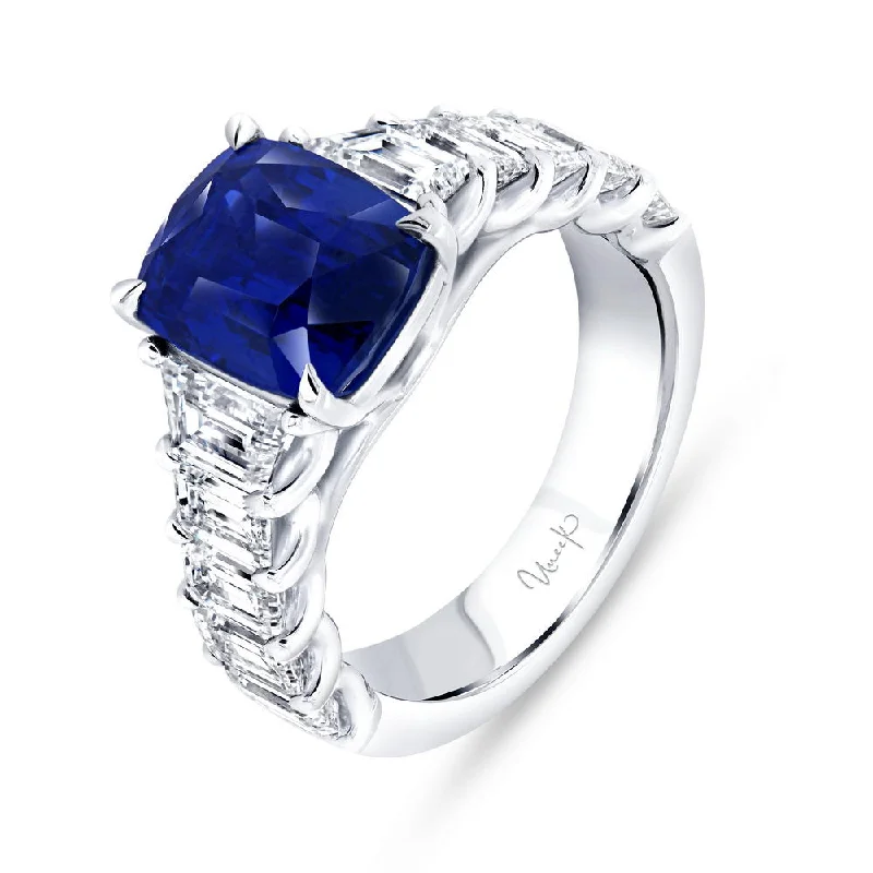 Ladies engagement rings oval shapes-Uneek Precious Collection Tapered Cushion Cut Blue Sapphire Engagement Ring