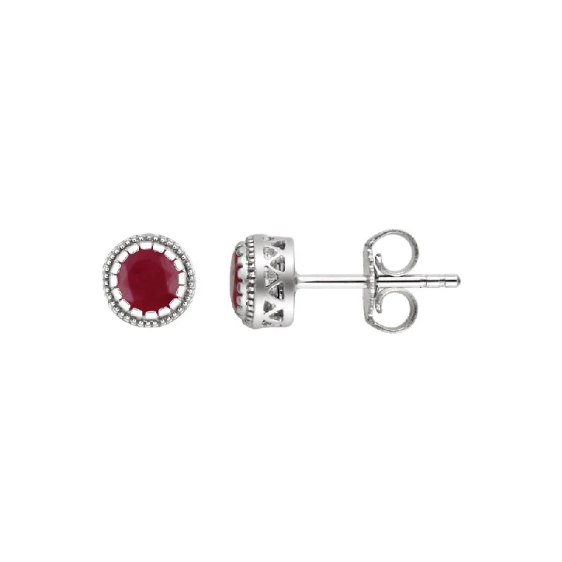 Ladies earrings bridal jewelry-Ruby July Birthstone 8mm Stud Earrings in 14k White Gold