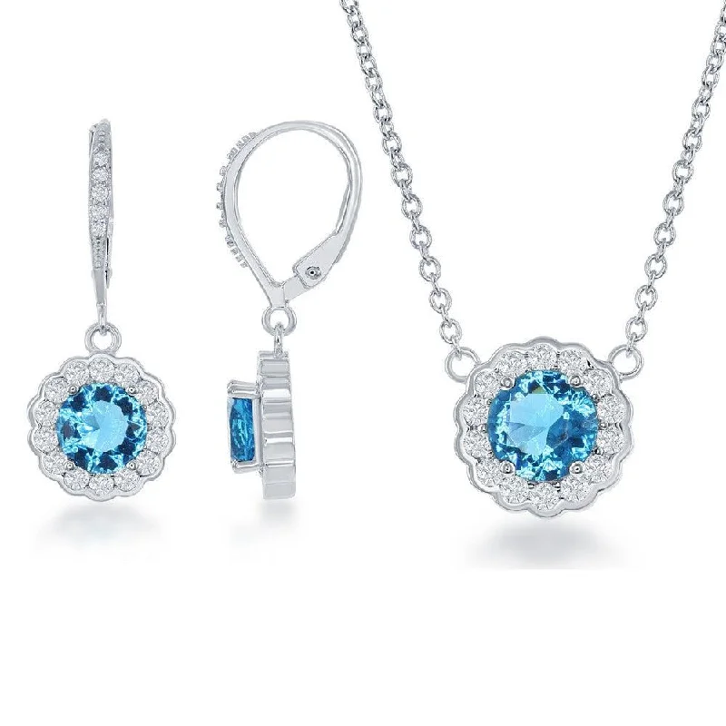 Ladies necklaces synthetic jewels-Sterling Silver March Birthstone CZ Necklace and Earrings Set