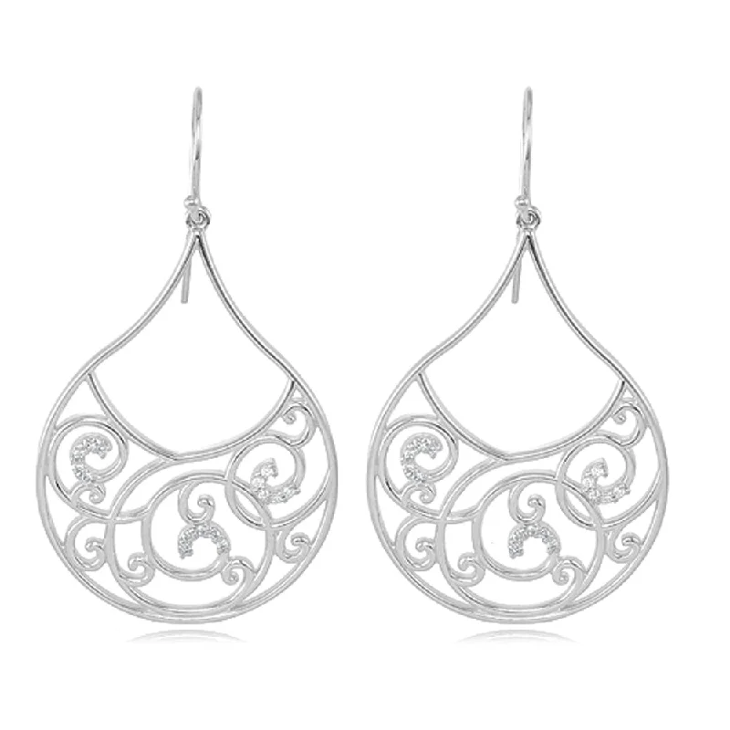 Ladies earrings geometric patterns-1/4 Carat Vintage Diamond Teardrop Scroll Earrings in Sterling Silver