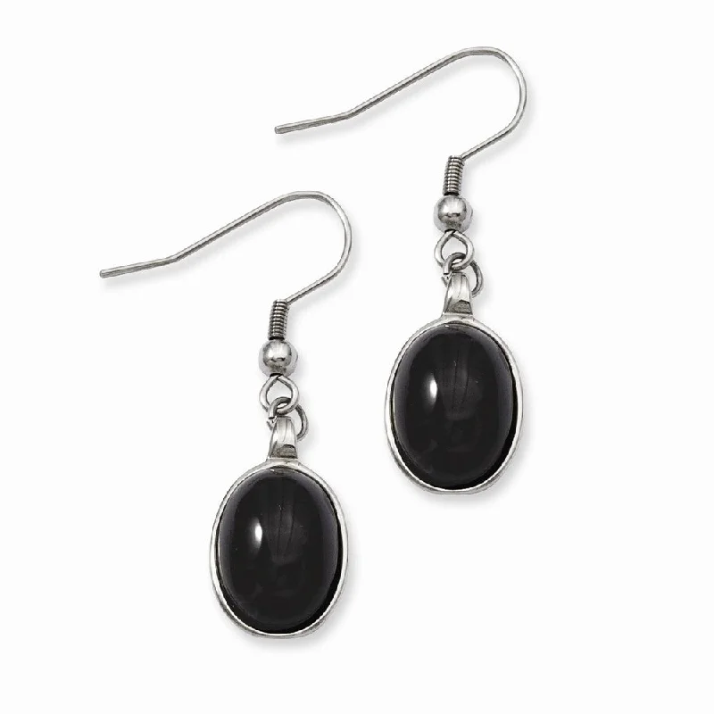 Ladies earrings limited editions-Black Agate Oval Cabochon Dangle Earrings in Stainless Steel