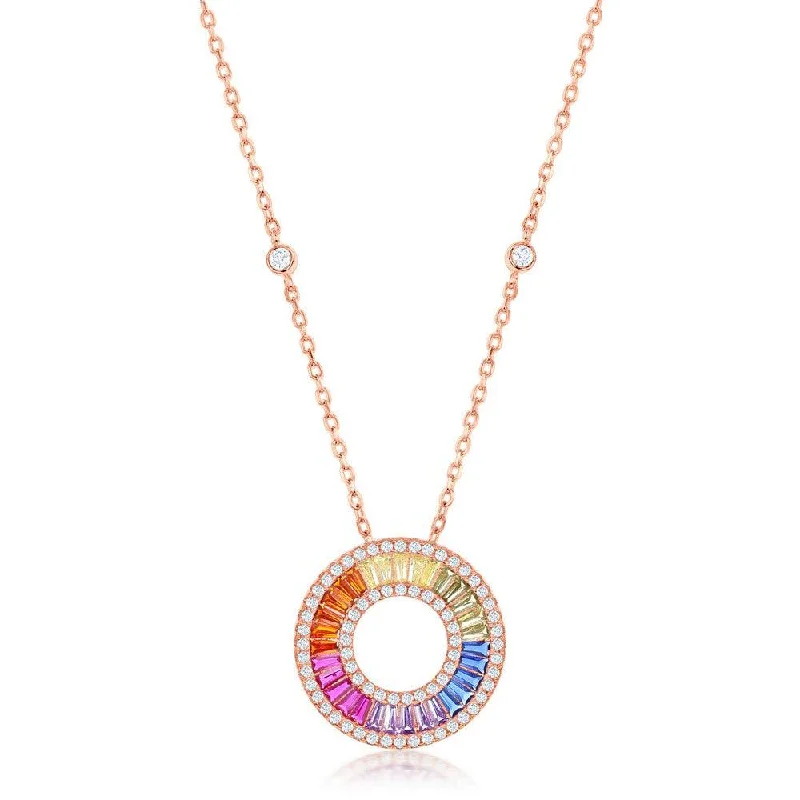 Ladies necklaces star charms-Sterling Silver Rose GP Rainbow Baguette CZ Open Circle Necklace