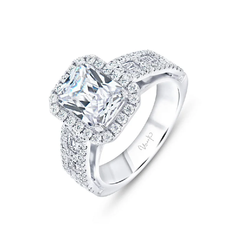 Ladies engagement rings sale events-Uneek Signature Collection Halo Emerald Cut Engagement Ring