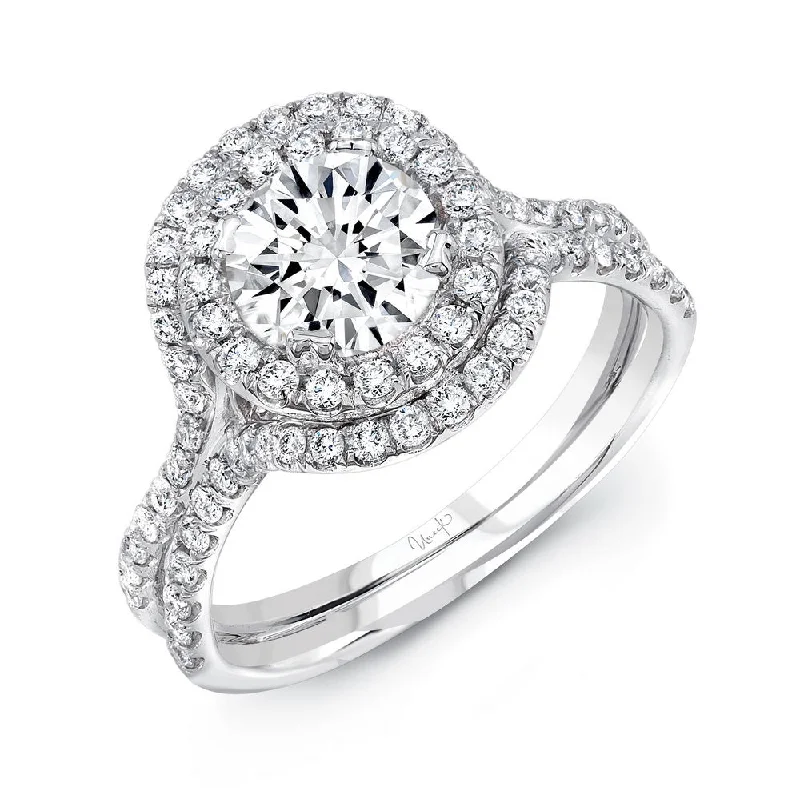 Ladies engagement rings twisted designs-Uneek Round Diamond Engagement Ring with Staggered Double Halo and Pave Double Shank