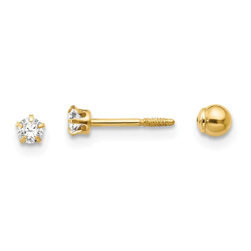 Ladies earrings modern looks-Kids 14k Yellow Gold & Crystal Reversible 3mm Ball Screw Back Earrings