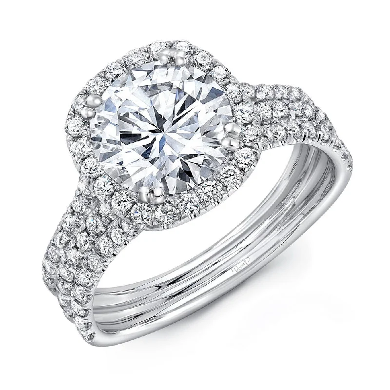 Ladies engagement rings online stores-Uneek Round Diamond Engagement Ring with Cushion-Shaped Halo and Pave Triple Shank