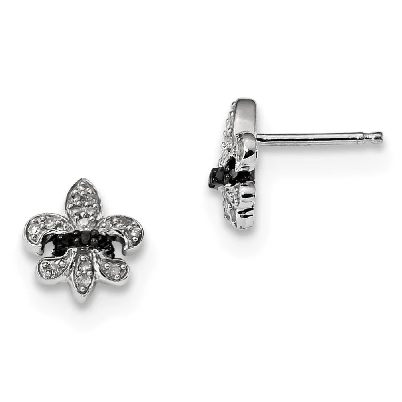 Ladies earrings European flair-Black & White Diamond 10mm Fleur De Lis Sterling Silver Post Earrings