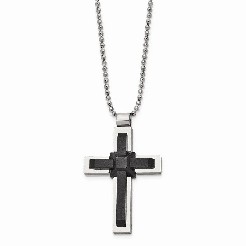 Ladies necklaces layered looks-Stainless Steel Black IP-plated and Polished Cross 20in Necklace