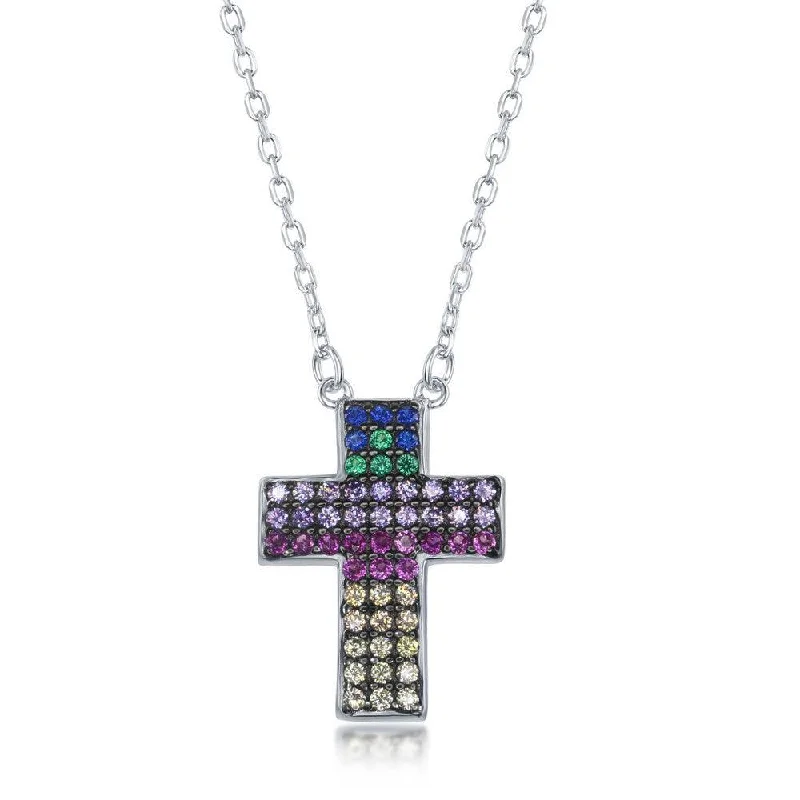 Ladies necklaces girlfriend surprises-Sterling Silver Rainbow Cubic Zirconia Cross Necklace