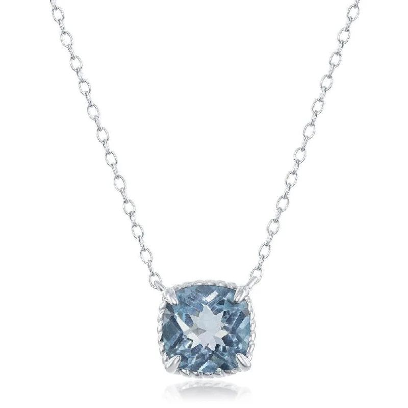 Ladies necklaces Asian-inspired-Sterling Silver Four-Prong Square Blue Topaz with Rope Design Border Necklace