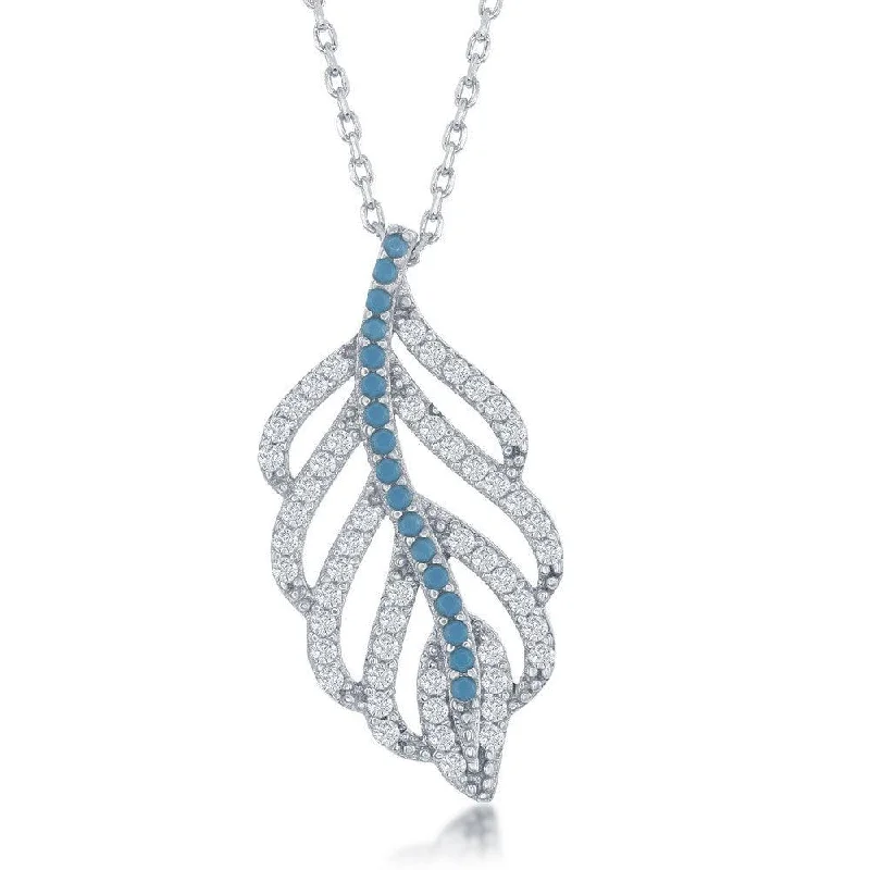 Ladies necklaces luxury brands-Sterling Silver Turquoise and CZ Open Leaf Design Necklace