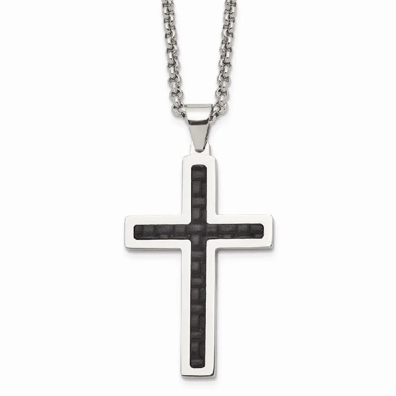 Ladies necklaces proposal gifts-Stainless Steel Polished Black Genuine Leather Inlay Cross Necklace