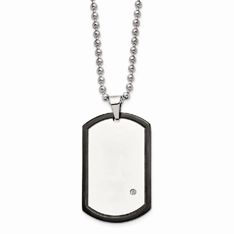 Ladies necklaces affordable picks-Stainless Steel Black IP-plated With CZ Dog Tag Polished Necklace