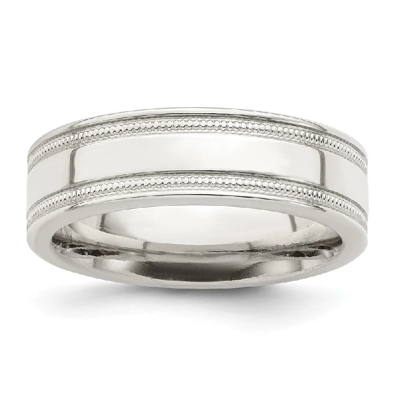 Ladies ring daily wear-6mm Sterling Silver Light Weight Polished Milgrain Grooved Edge Band