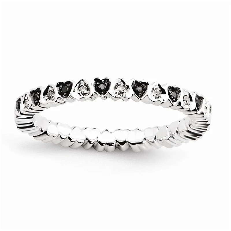 Ladies ring global brands-2.5mm Sterling Silver .12 Ctw Black & White Diamond Heart Stack Band