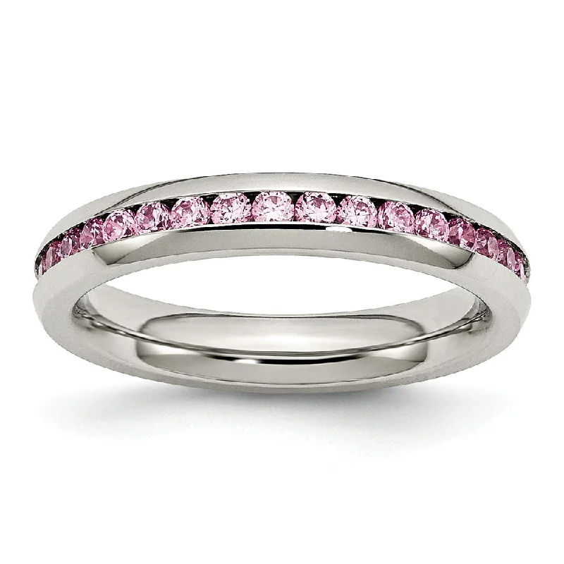 Ladies ring jade details-4mm Stainless Steel And Light Pink Cubic Zirconia Stackable Band