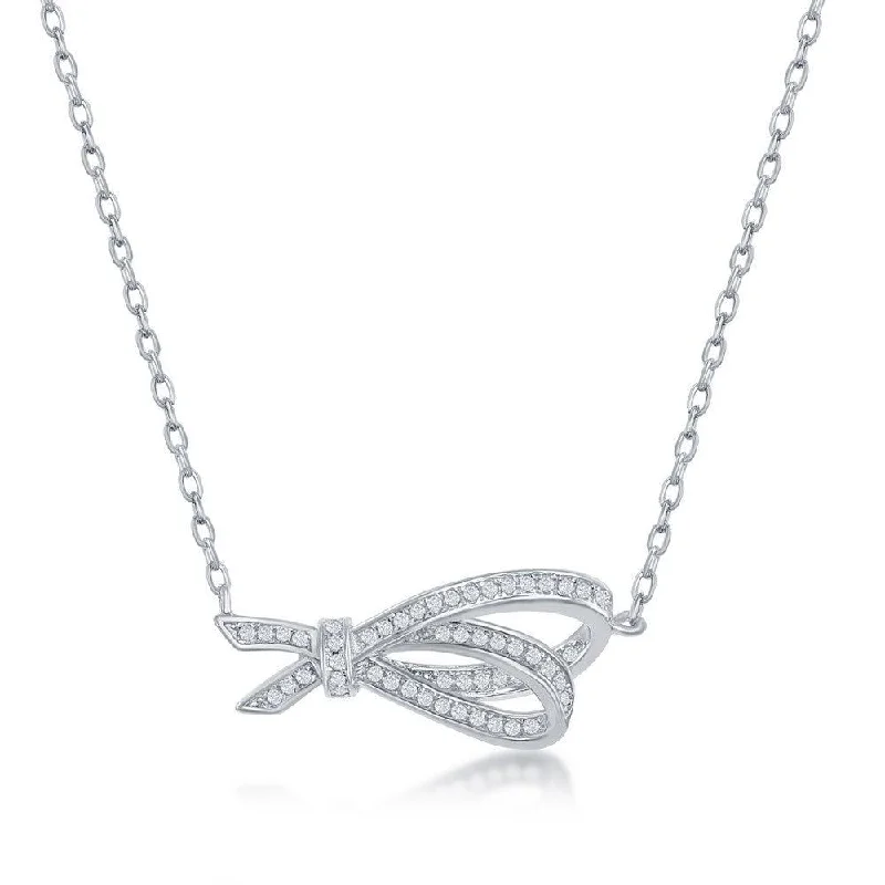 Ladies necklaces online shopping-Sterling Silver Micro Pave Double Ribbon Necklace