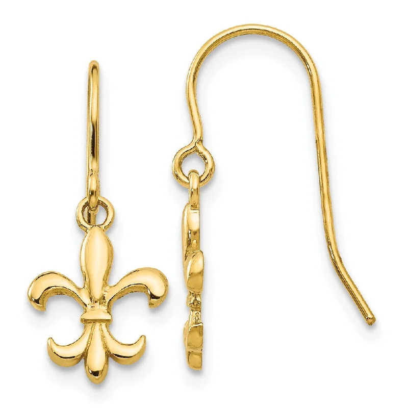 Ladies earrings proposal surprises-Small Polished Fleur De Lis Dangle Earrings in 14k Yellow Gold