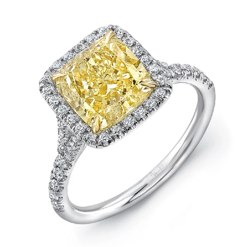 Ladies engagement rings affordable options-Uneek Cushion-Cut Yellow Diamond Halo Engagement Ring with Split Upper Shank