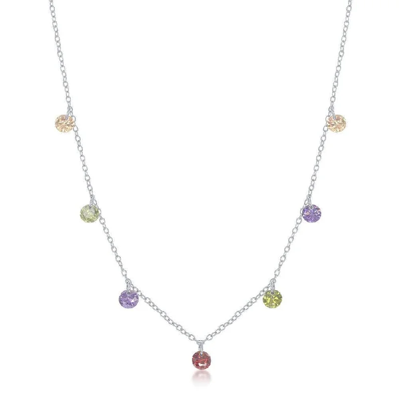 Ladies necklaces unique designs-Sterling Silver Dangling Rainbow Cubic Zirconia Necklace