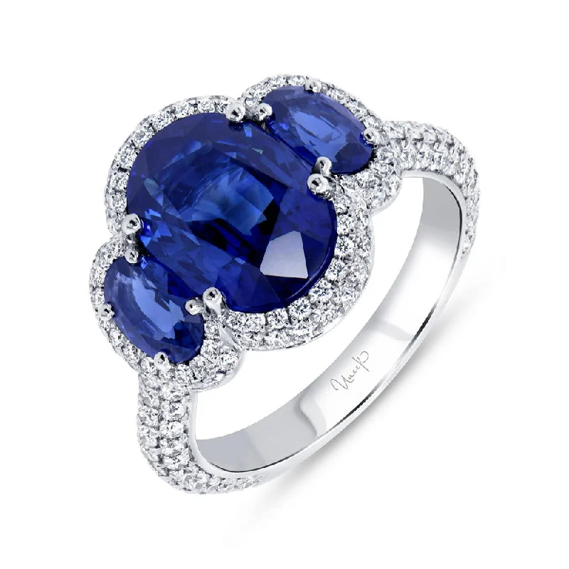 Ladies engagement rings large diamonds-Uneek Precious Collection Three-Stone Oval Shaped Blue Sapphire Engagement Ring