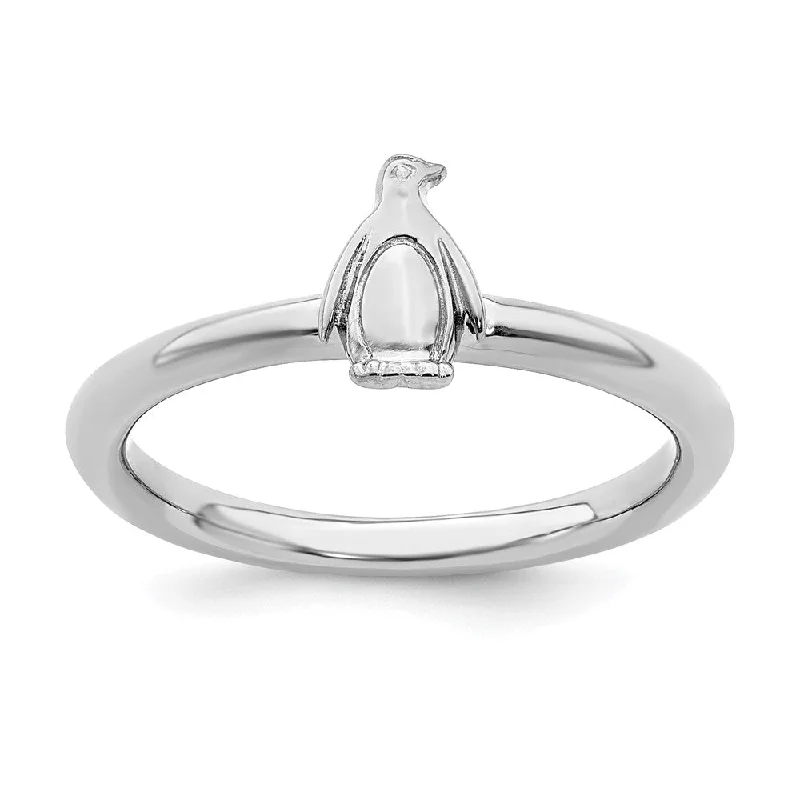 Ladies ring investment value-Rhodium Plated Sterling Silver Stackable Penguin Ring