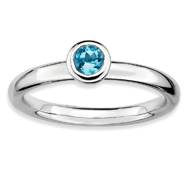 Ladies ring creative designs-Stackable Low Profile 4mm Blue Topaz Silver Ring