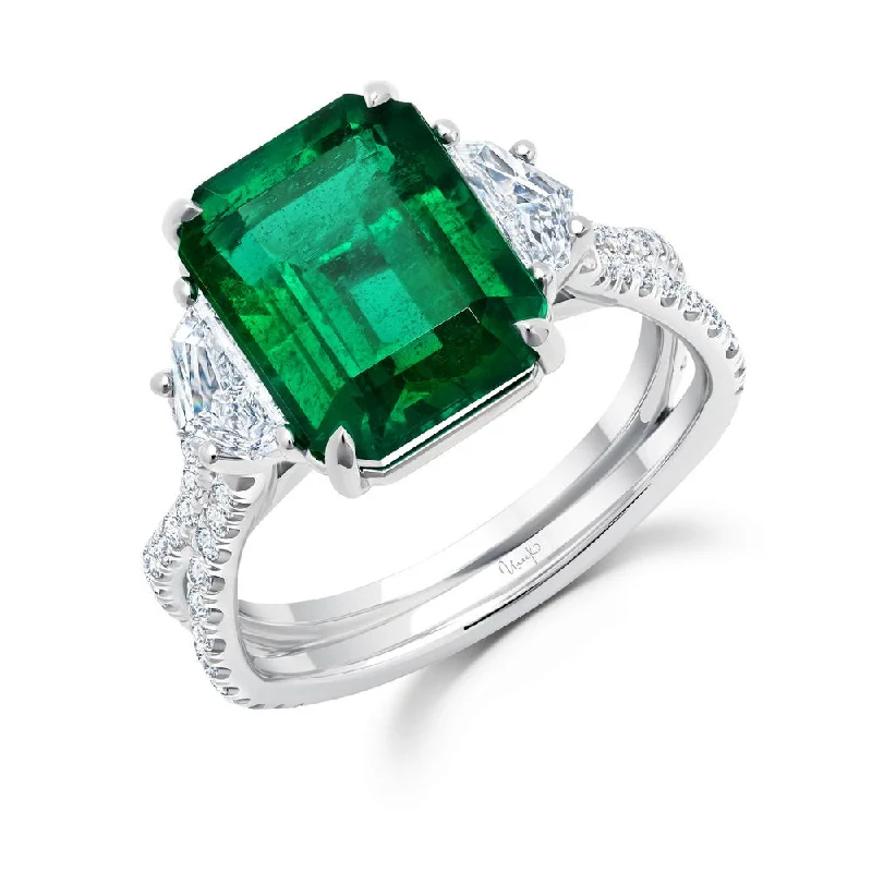 Ladies engagement rings silver tones-Uneek Precious Collection Three-Stone Emerald Cut Emerald Engagement Ring