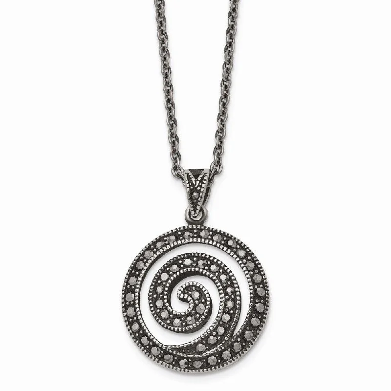 Ladies necklaces rose gold-Stainless Steel Marcasite and Antiqued Swirl Necklace