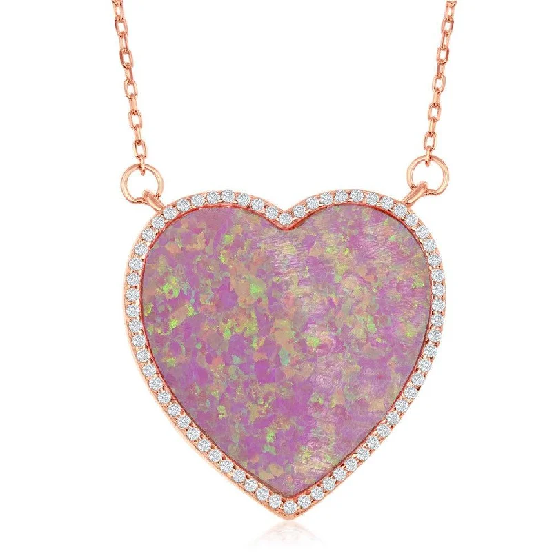 Ladies necklaces group designs-Sterling Silver Rose GP Pink Opal Heart with CZ Border Necklace