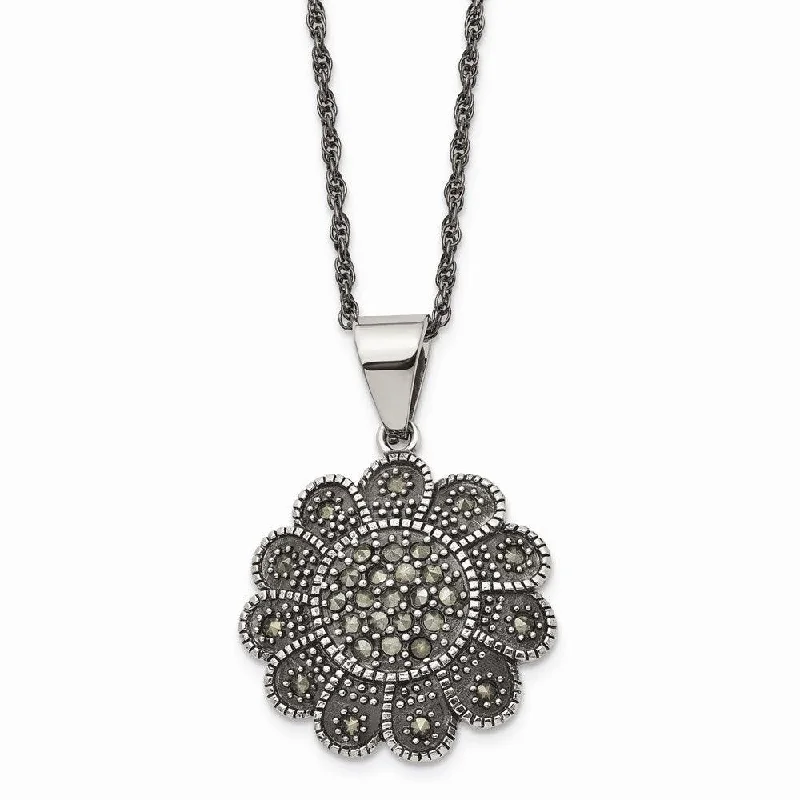 Ladies necklaces gothic appeal-Stainless Steel Textured Flower Marcasite Necklace