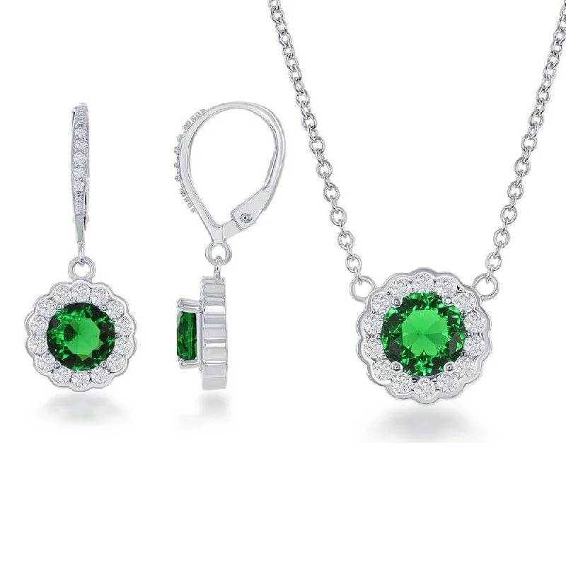 Ladies necklaces sterling silver-Sterling Silver May Birthstone With  CZ Border Round Earrings and Necklace Set