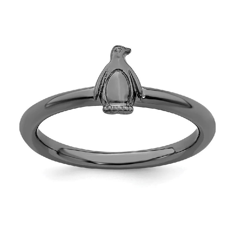 Ladies ring silver options-Black Plated Sterling Silver Stackable Penguin Ring