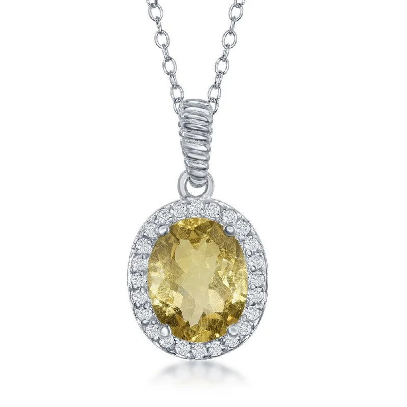 Ladies necklaces white gold-Sterling Silver Oval Citrine with White Topaz Border Necklace