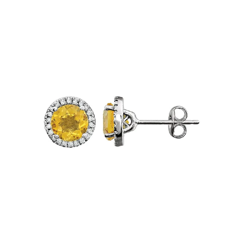 Ladies earrings fashion picks-8mm Halo Style Citrine & Diamond Earrings in 14k White Gold