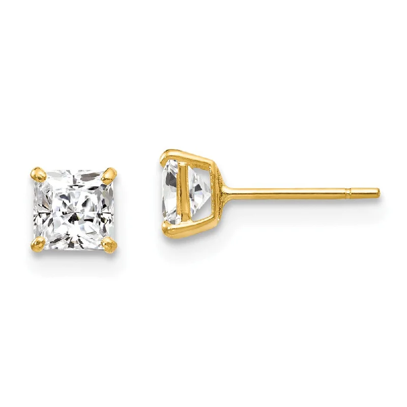 Ladies earrings office wear-4mm Princess Cubic Zirconia Stud Earrings in 14k Yellow Gold