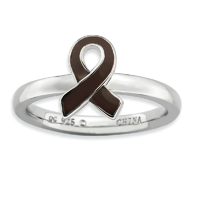 Ladies ring colorful gems-Silver Stackable Brown Enamel Awareness Ribbon Ring